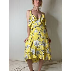 PRIVACY PLEASE Lowell Yellow Floral Chiffon Maxi Wrap Dress US SMALL